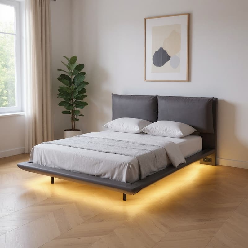 HomeRoots Gray Tufted Upholstered Queen Bed Frame With LED Lighting And USB - Queen