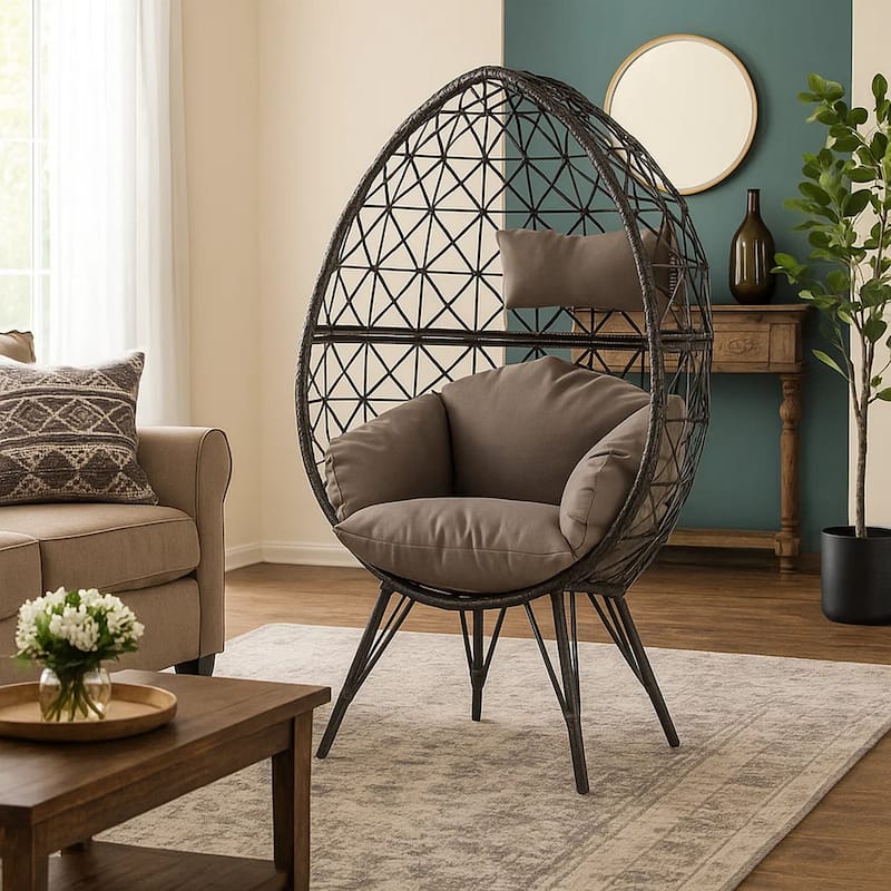 Patio Lounge Chair with Wicker Geometric Pattern, Black