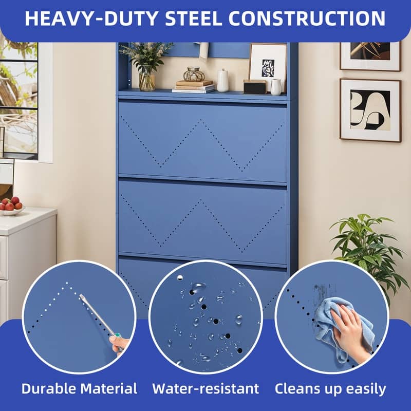 Moasis Wall-Mounted Shoe Cabinet with 3 Flip Drawers, Shoe Organizer with Hanging Bars and Hooks