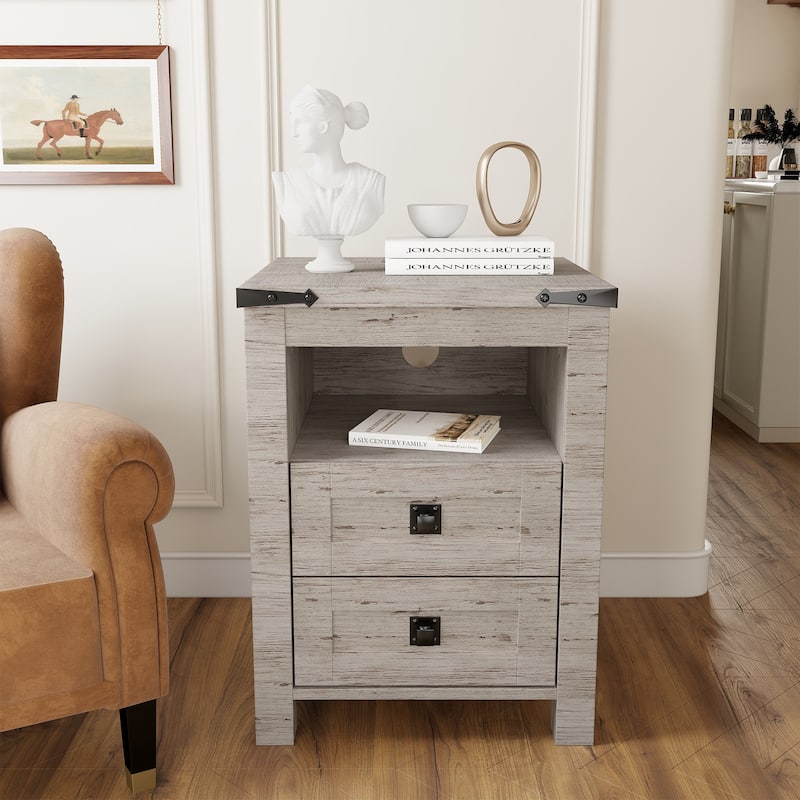 Farmhouse Nightstand with Charging Station, End Table, Side Table