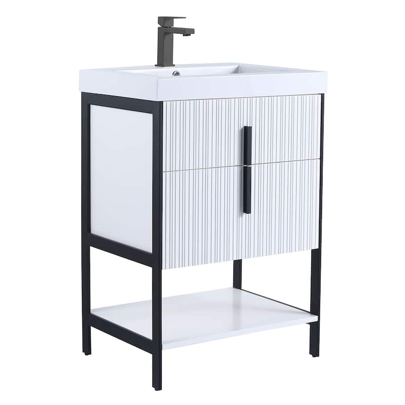 Fine Fixtures Serenity Modern Bathroom Vanity with White Gel Acrylic Top - White Matte - Black Hardware - 24 inch