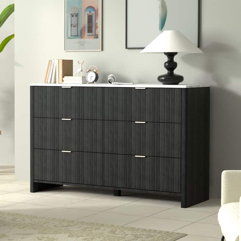 VEIKOUS 6-Drawer Dresser for Bedroom, Wooden Chest of Drawers with White Faux Marble Top