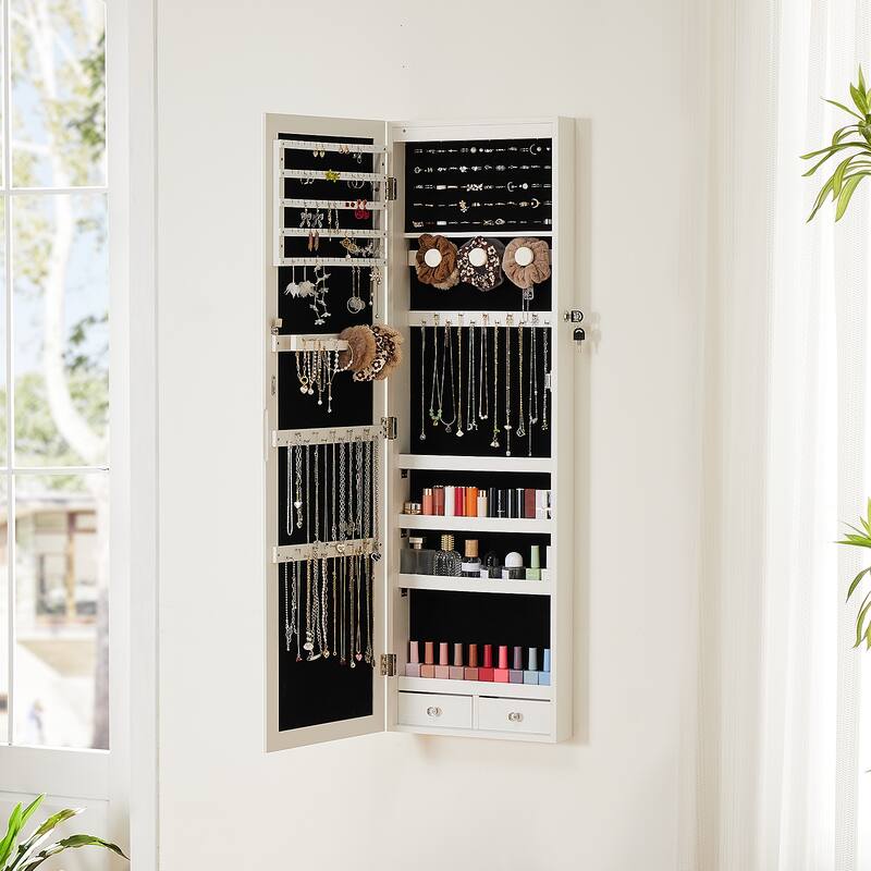 Full-Length LED Jewelry Mirror Cabinet - Lockable Wall/Door Mounted Armoire with 2 Drawers & 6 Lights