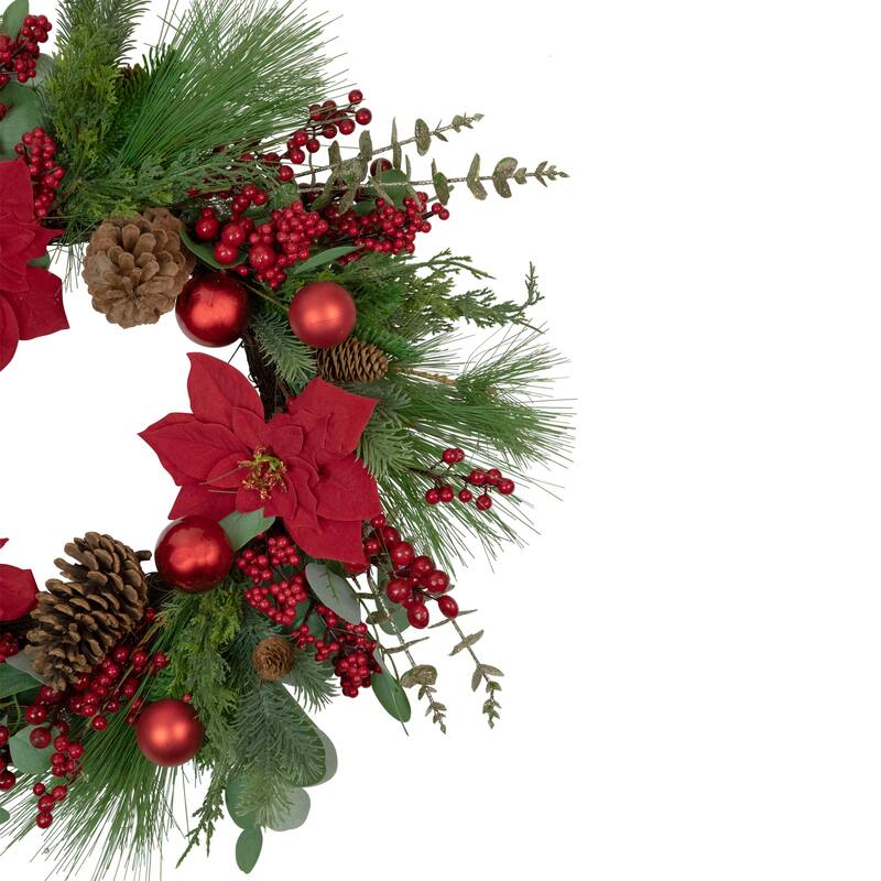 Artificial Red Berry and Poinsettia Christmas Wreath, 28-Inch, Unlit