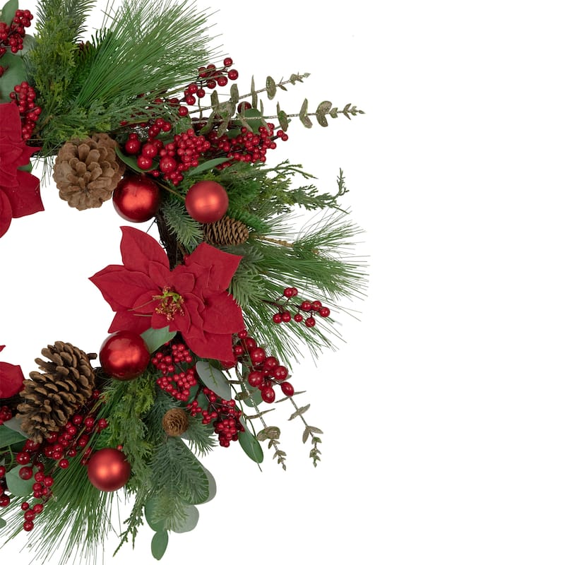 Artificial Red Berry and Poinsettia Christmas Wreath 28-Inch Unlit - 28"
