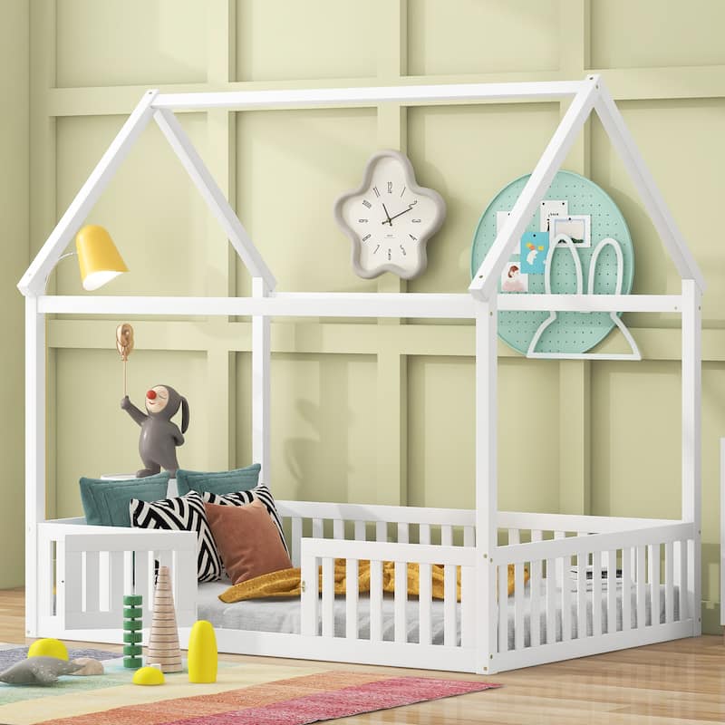 Full Size White Wood House Bed with Fence and Door for Kids - White