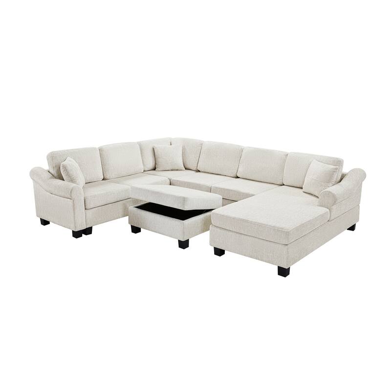 Sectional Sofa 111.8" U-shaped Sofa, Chenille Upholstered Sofa Couch with Movable Storage Ottoman for Living Room