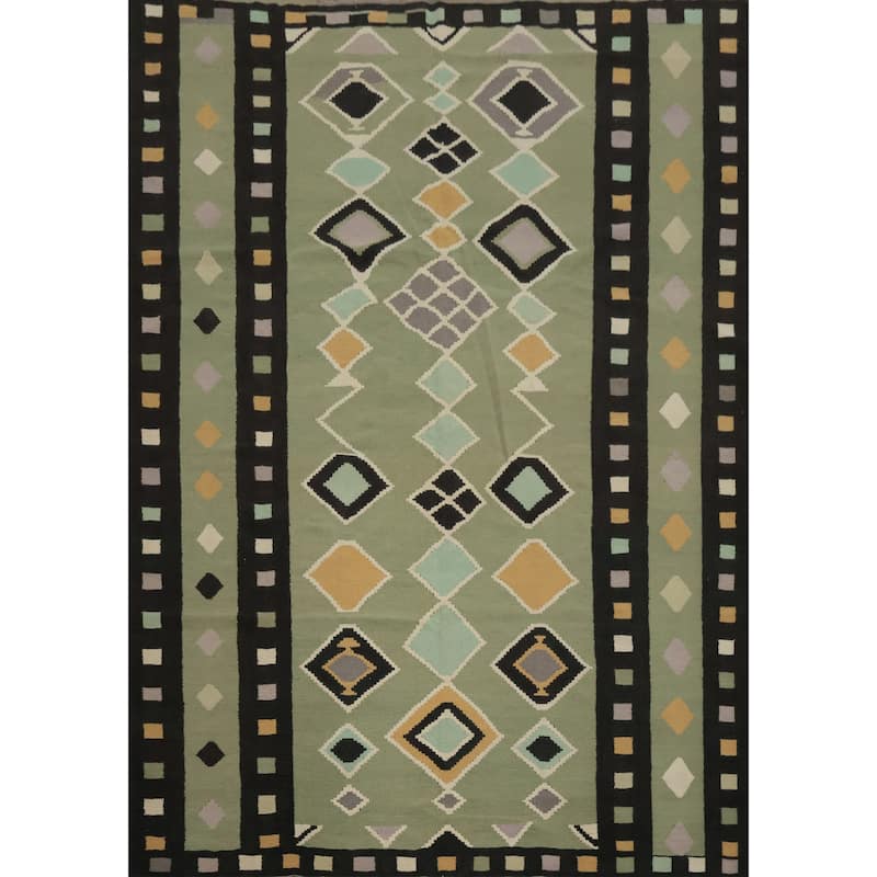 Hand Woven Oriental 100% Wool Carpet Southwestern Tribal Green Kilim Area Rug - 9' 11'' X 7' 11''
