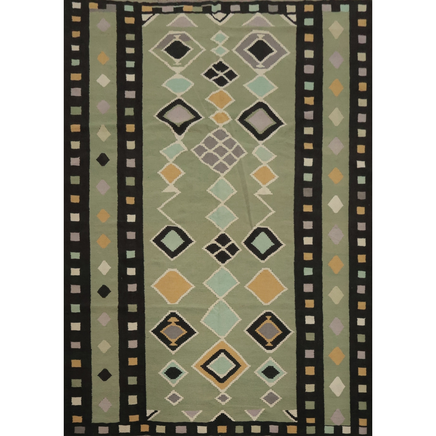 Hand Woven Oriental 100% Wool Carpet Southwestern Tribal Green Kilim Area Rug - 9' 11'' X 7' 11''