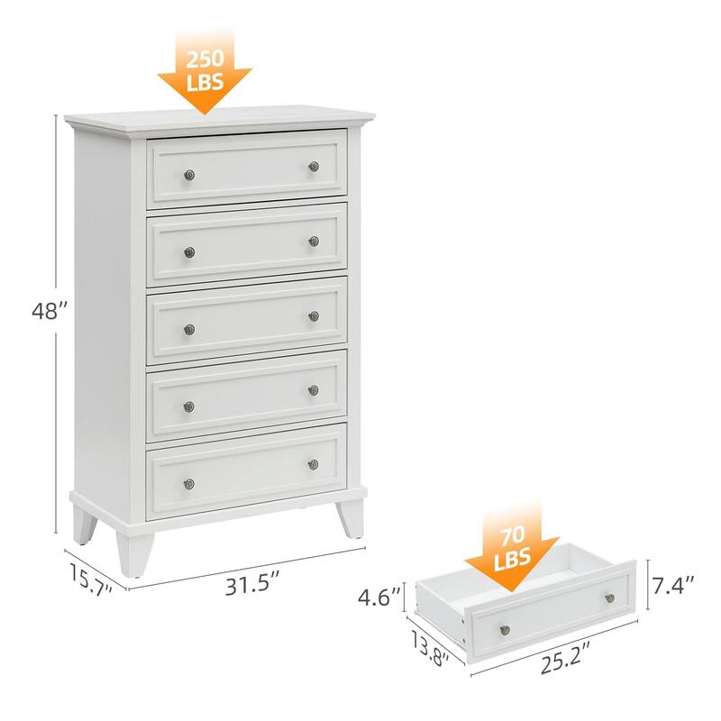 Black 5 Drawer Dresser for Bedroom, 48" Tall Wood Dresser & Chests of Drawers with Deep Drawers, Modern Chest Organizer