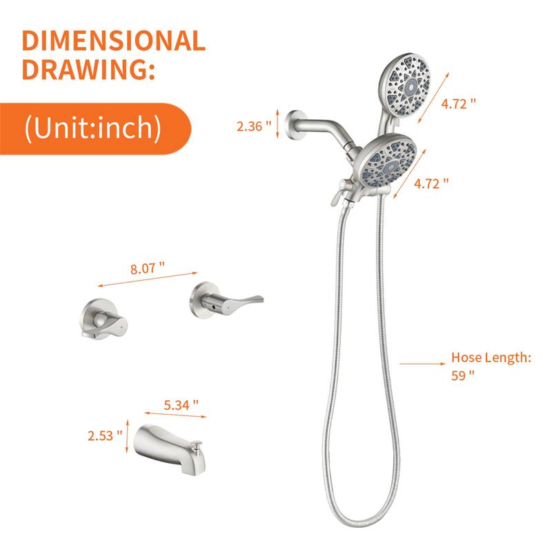 Wall Mount Dual Head Shower Faucet with Tub Spout Brass Complete Shower System with Handheld Shower Valve Included