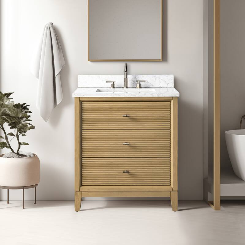 Vanity Art 30" Freestanding Bathroom Vanity with Engineered Marble Top and Sink - 30"/Brushed Nickel - Natural Oak