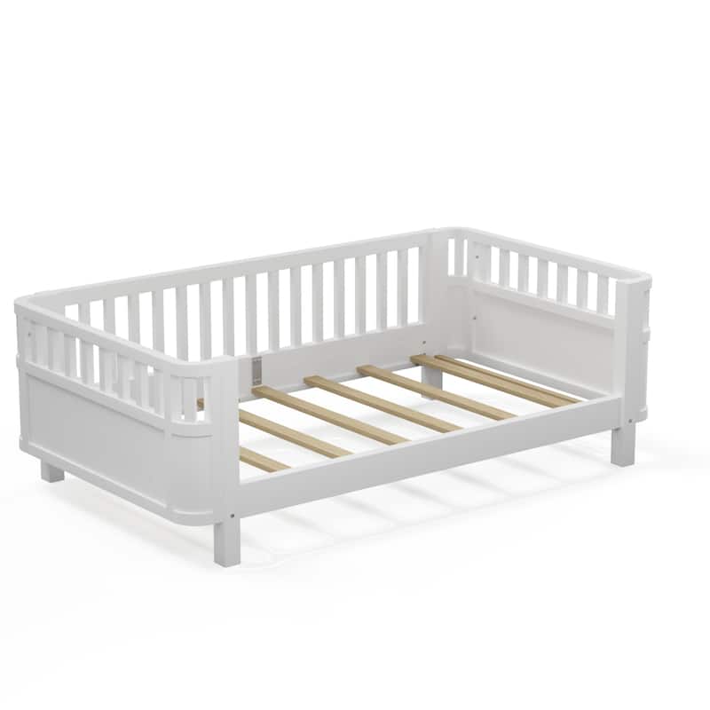 Twin Size Wood Platform Bed w/ Rails for Girls Boys - White