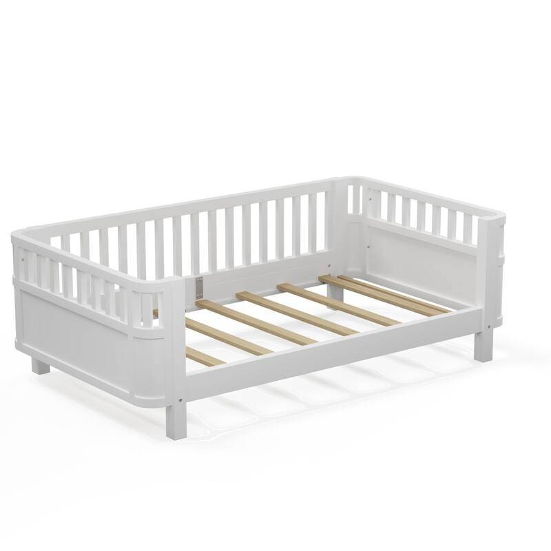 Wooden Platform Bed - Low Profile Youth Bed With Safety Rails For Boys & Girls