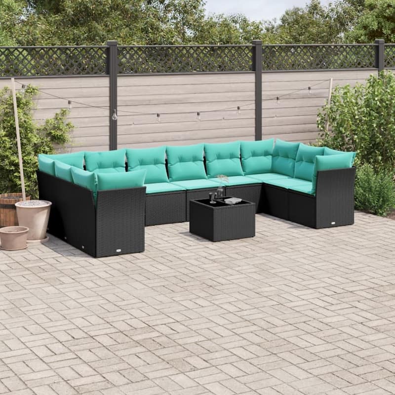 vidaXL 10 Piece Patio Sofa Set with Cushions Black Poly Rattan - Black - 24.4x27.2x24.4-With table