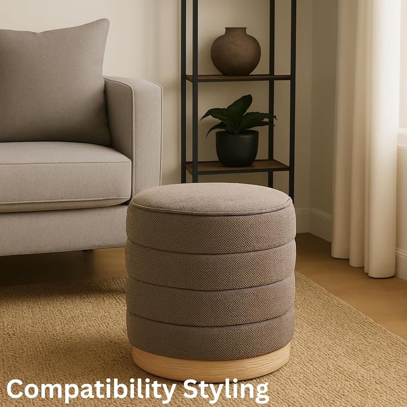 Modern Cylinder Ottoman with Hidden Storage Linen Upholstery Seat