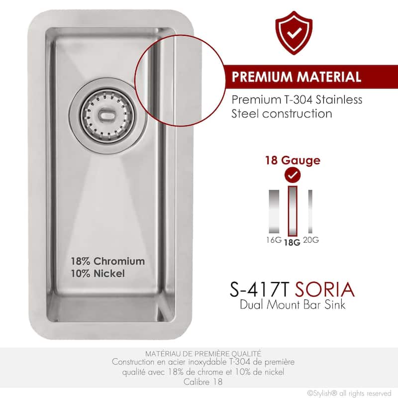 STYLISH 9 inches L x 18 inches W Dualmount Single Bowl 18 Gauge Bar Sink with Grid and Strainer