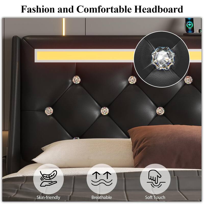 Queen Bed Frame with LED Lights, Upholstered Bed Frame with Charging Station, Platform Bed with Diamond Headboard, Wooden Slats