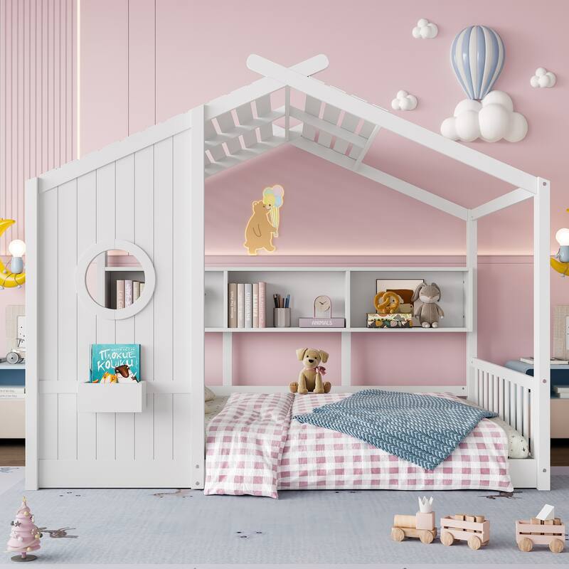 House Bed Frame for Toddler Floor Bed, Kids Montessori Bed with Storage Shelf and Round Window, Playhouse Bed with Roof Design