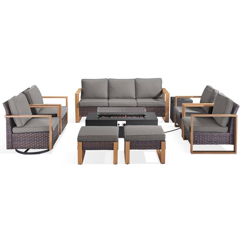 Meyreso Wicker Outdoor Patio Fire Pit Set with Swivel Gliders and 4.5-Inch Olefin Cushions