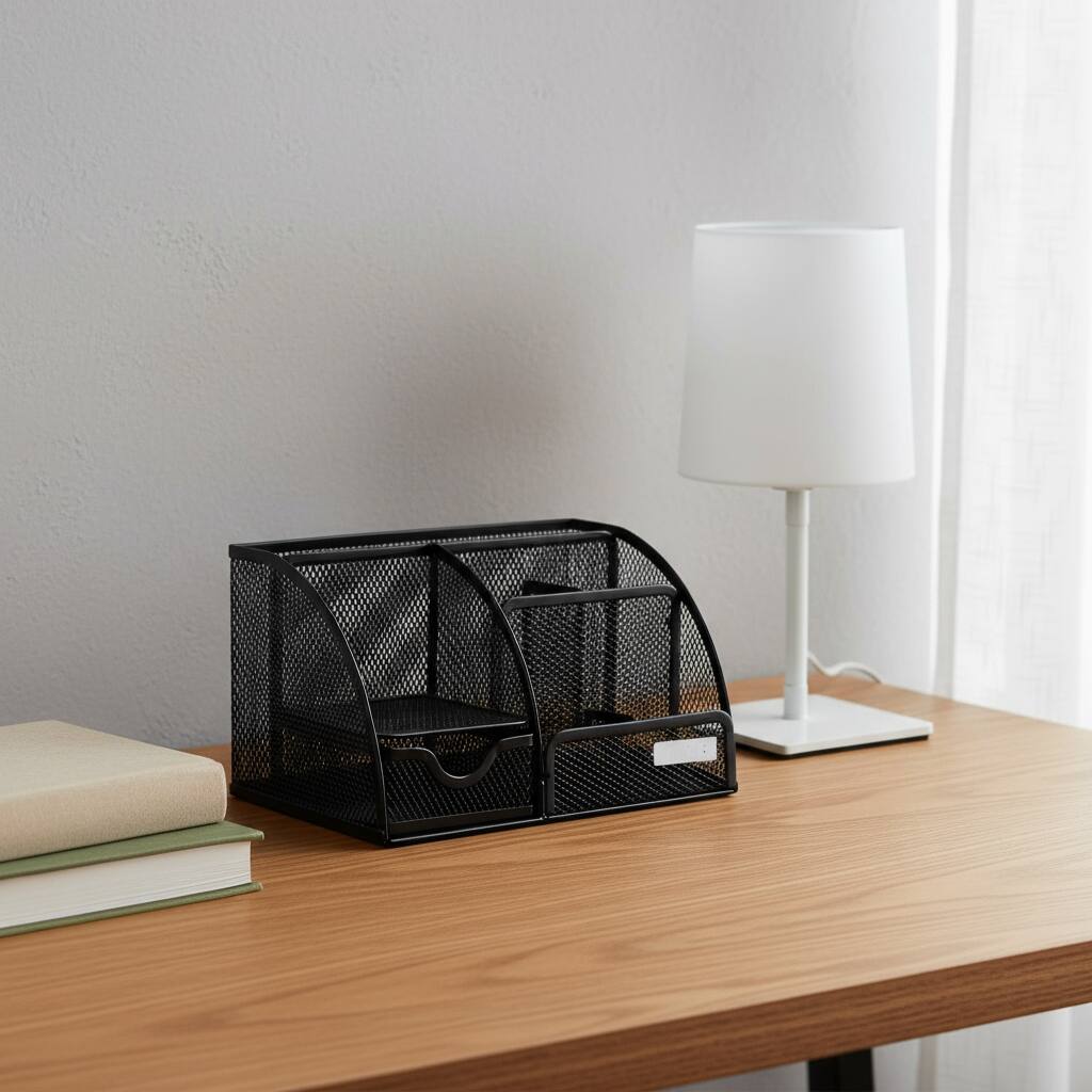 Homeroots 9" Black Metal Desk Organizer - 8.7" x 5.5" x 5"