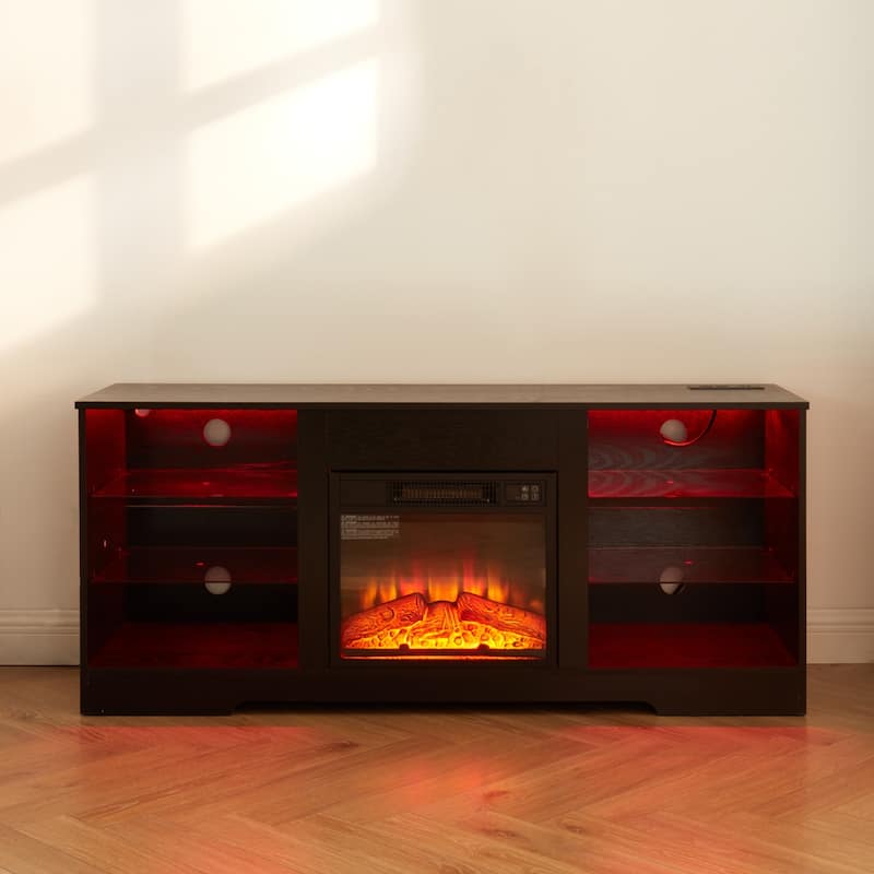 Black 58" Fireplace TV Stand with LED, Glass Shelves & USB for TVs Up to 50"