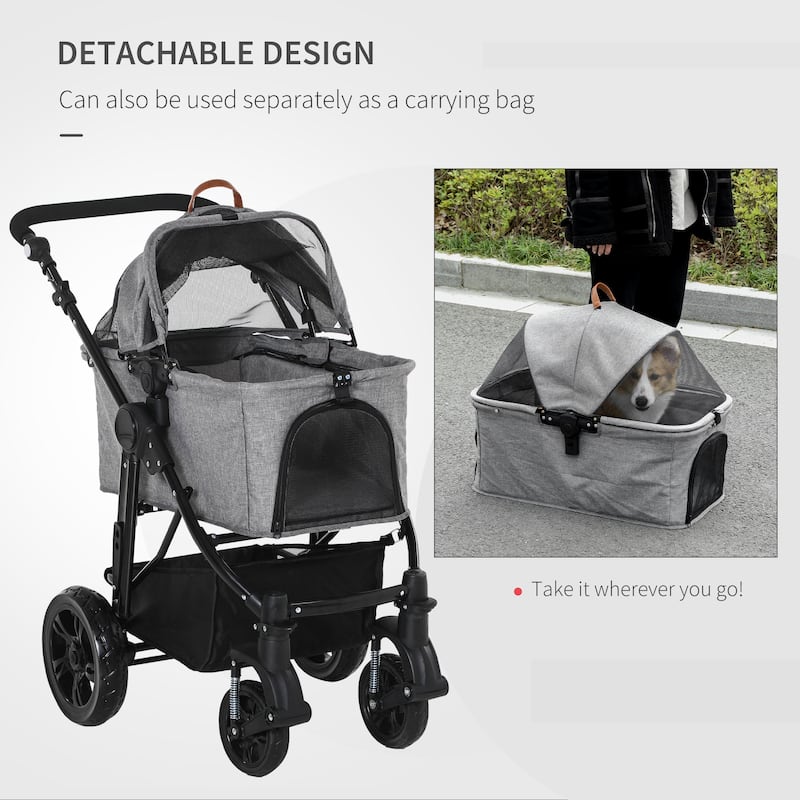 PawHut Dog Stroller with Adjustable Canopy Safety Leashes and Carrying Bag, Grey