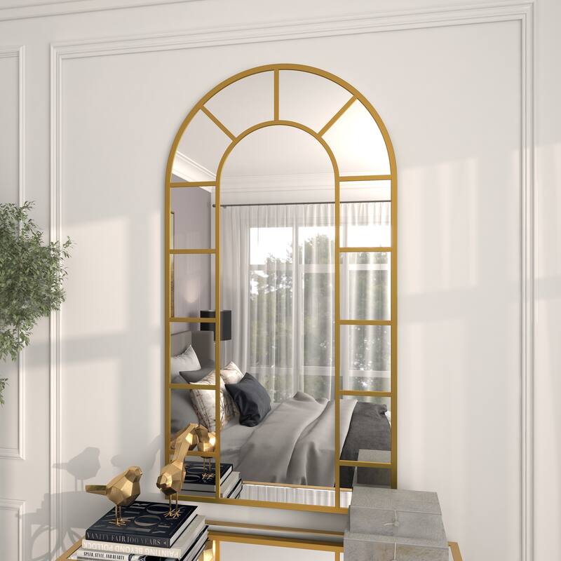 Black or Gold Metal Window Pane Inspired Room Wall Mirror with Arched Top