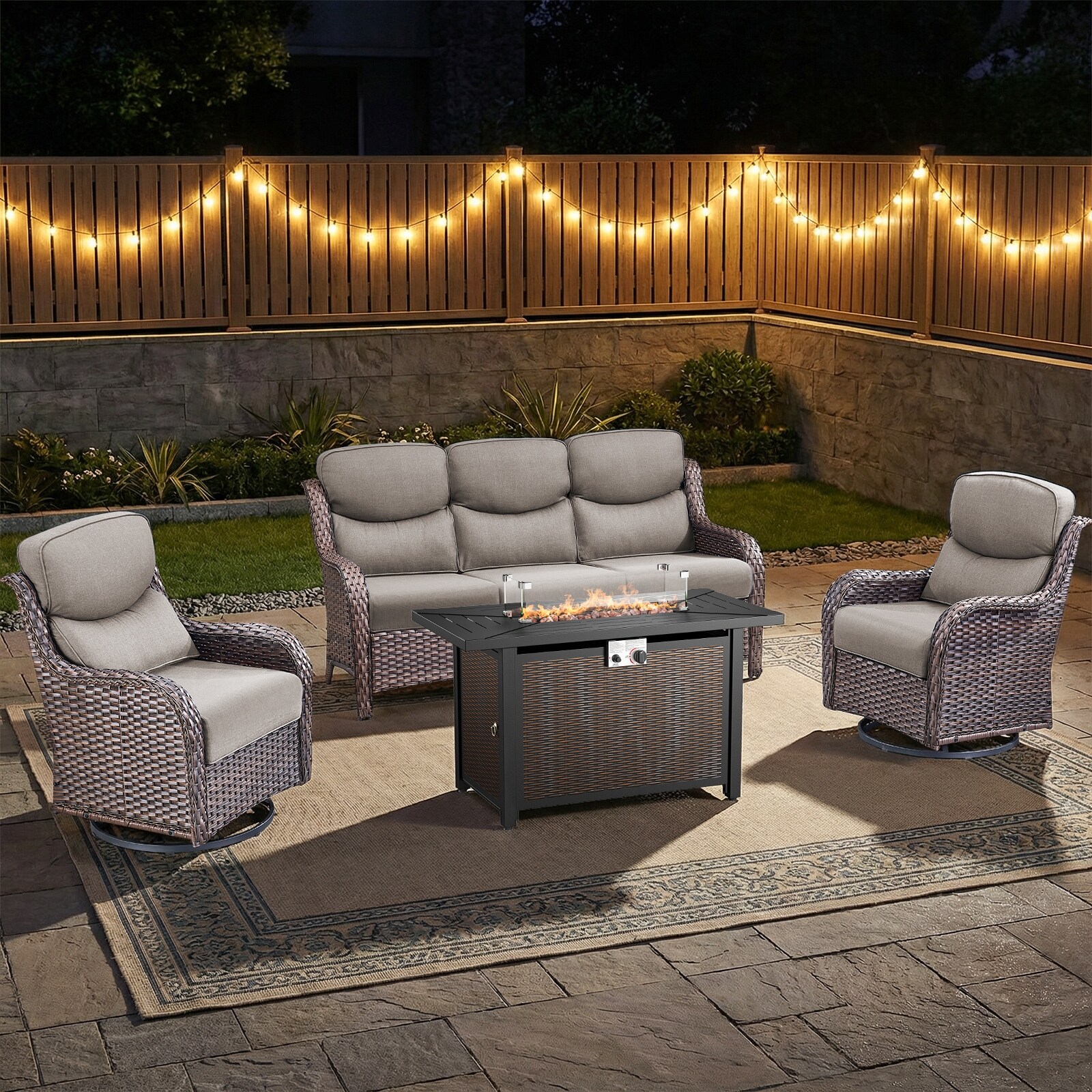 Pocassy Patio Sofa Swivel Chair Set with 43" Fire Pit Table