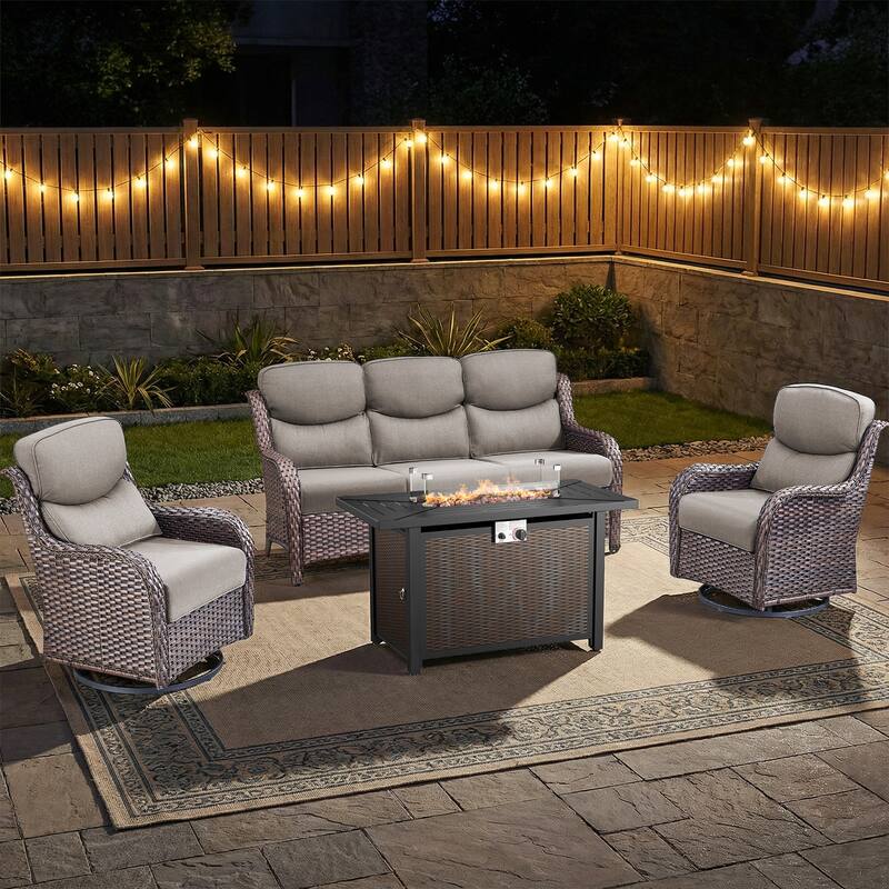 Pocassy Patio Sofa Swivel Chair Set with 43" Fire Pit Table - Brown Wicker Gray Cushion - 4-Piece Sofa Swivel Chair w/ Fie Pit Table