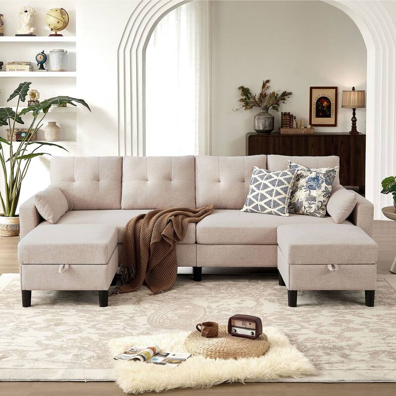 101" Sectional Sofa with Storage Ottoman - Beige - U Shaped