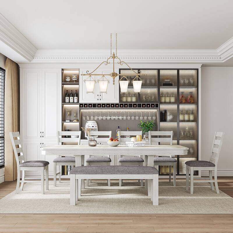 VECELO Dining Table Set with Bench, Solid Wood Rectangular Extendable Dining Table and Chairs Set for 6-8