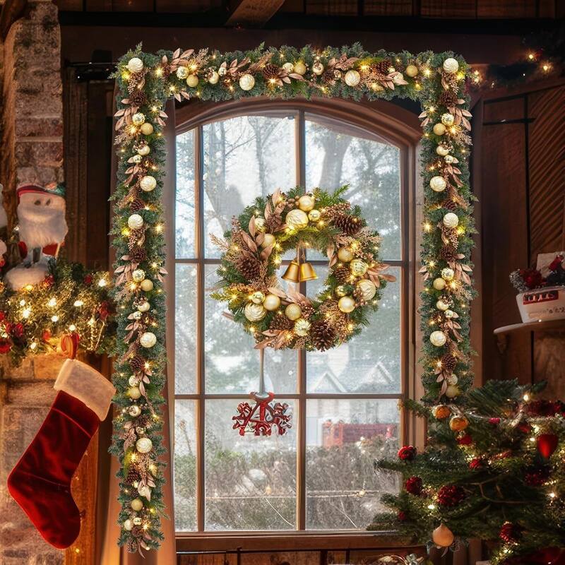 24 Inch Pre-Lit Artificial Christmas Wreath with Ball Ornaments and Bells