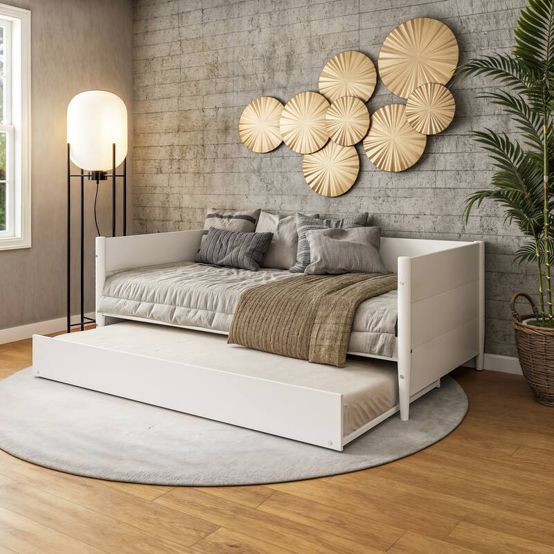 Mid-Century Modern Twin Size Day Bed with Twin Trundle - White - Twin