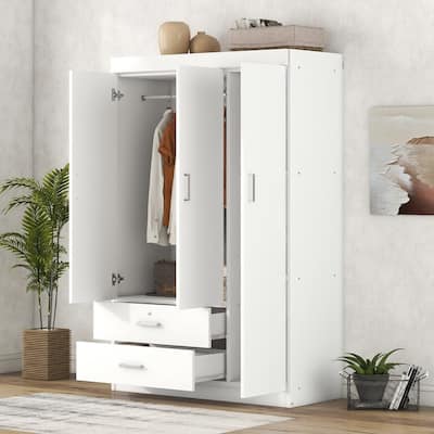 3-Door Wardrobe with 2 Drawers, Shelves & Hanging Rail, Freestanding Armoire Wardrobe Closet, Clothes Storage Cabinet Organizer