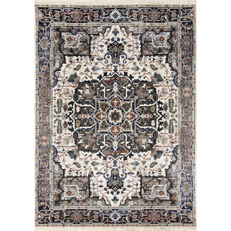 Santiago Collection - Cream Grey Rust Tranditional Tassled Area Rug, 5'3" x 7'10"