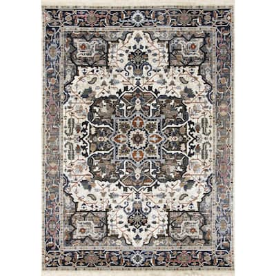 Santiago Collection - Cream Grey Rust Tranditional Tassled Area Rug, 5'3" x 7'10"