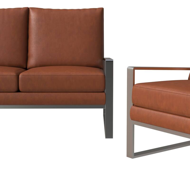 3-Piece Leather Sofa Set Brushed Stainless Steel Base and Removable Cushions