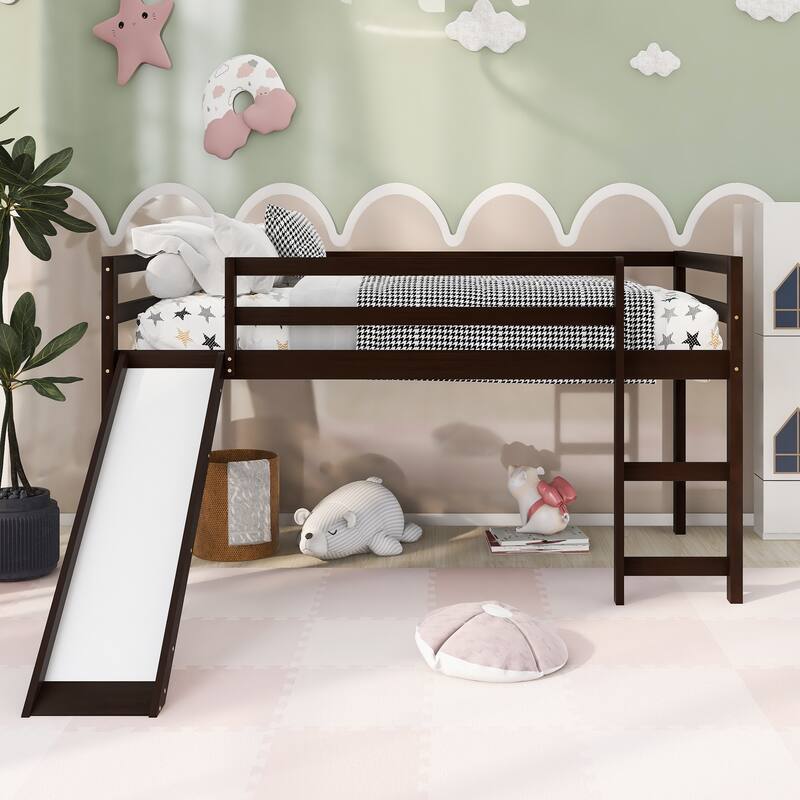 Loft Bed with Slide, Multifunctional Design - Espresso