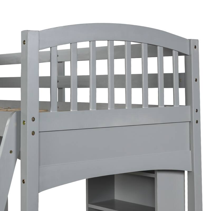 Twin Size Loft Bed with Storage Shelves, Desk, and Ladder