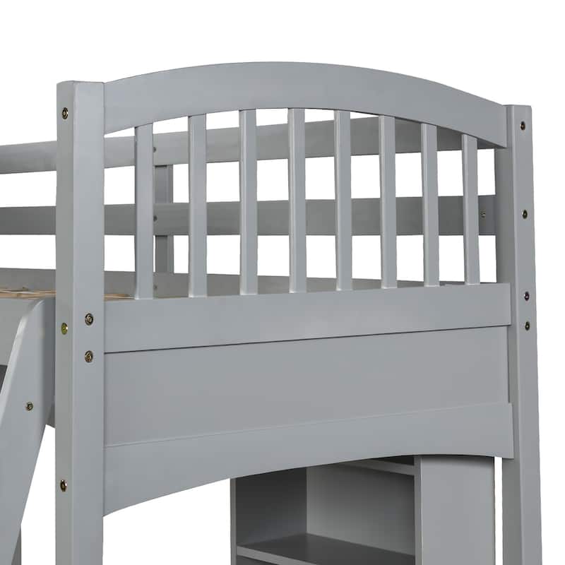 Twin size Loft Bed with Storage Shelves, Desk and Ladder, Gray