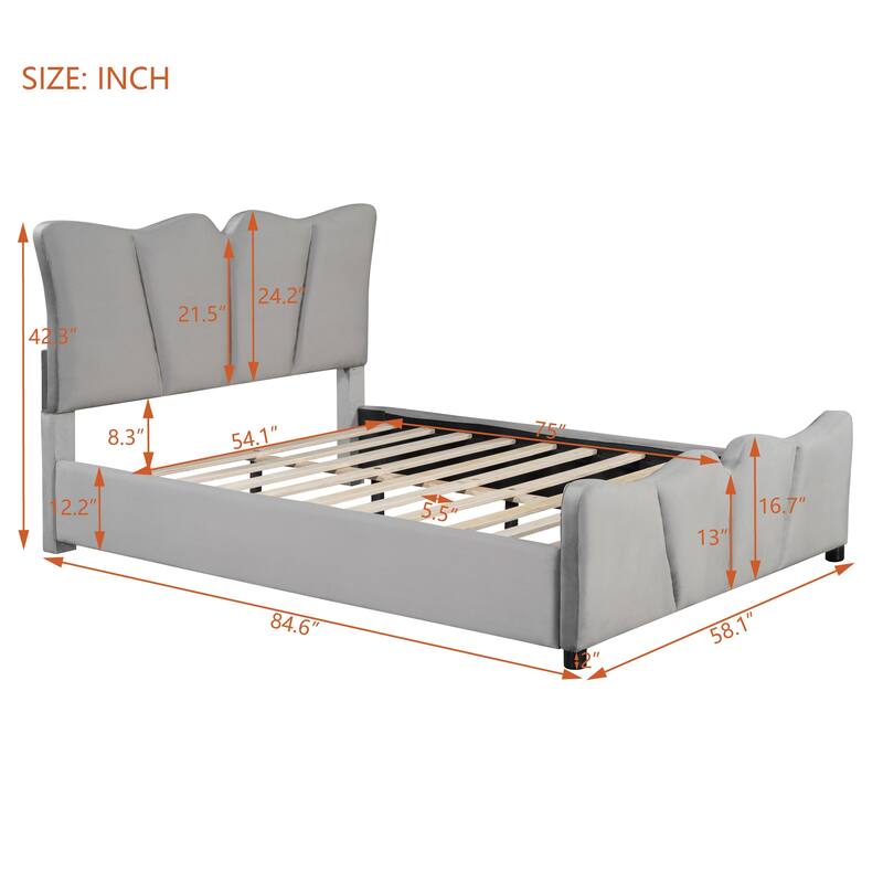 Full Size Upholstered Velvet Platform Bed Frame with Elegant Headboard, Sturdy Wooden Frame and Footboard Design for Bedroom