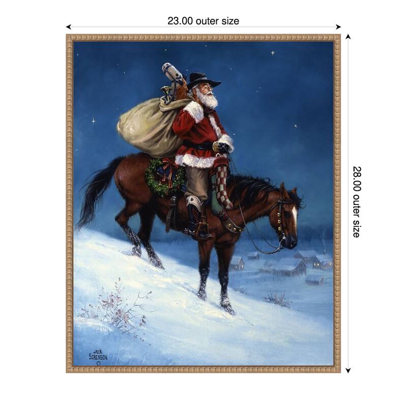 A Cowboy Christmas by Jack Sorenson (23 x 28 in.), Framed Canvas Wall Art Print - Sylvie Beaded Rustic Natural