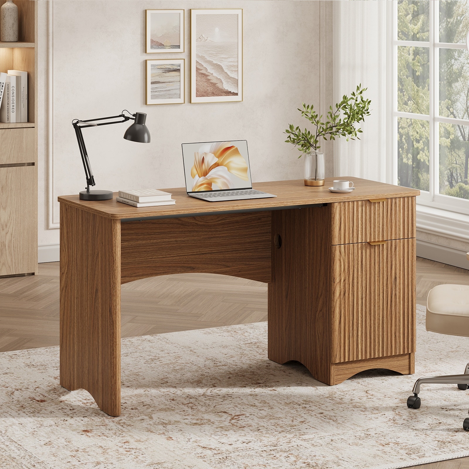 47" Fluted Wood Computer Desk with Drawer & Adjustable Shelf Cabinet, Home Office Desk with Cable Hole