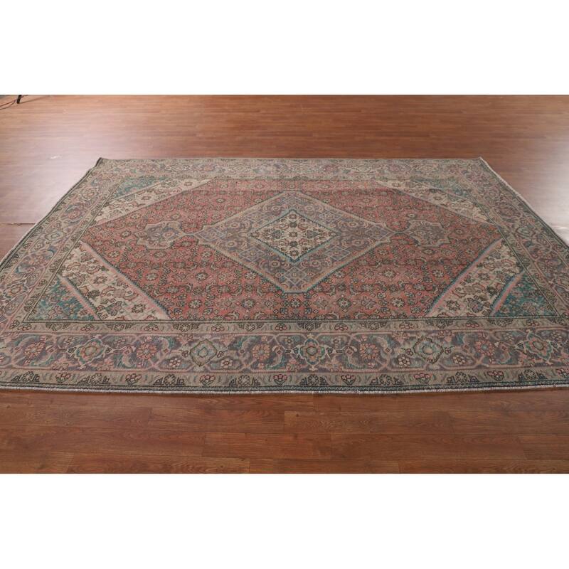 Distressed Tabriz Persian Antique Area Rug Handmade Wool Carpet - 6'9"x 9'7"