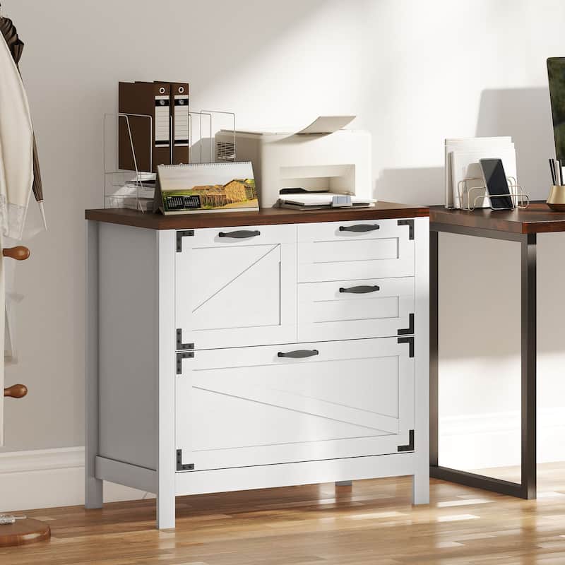 HOMCOM 4 Drawer File Cabinet, Farmhouse Lateral Filing Cabinet with Adjustable Hanging Rails for Letter/A4/Legal Size Files