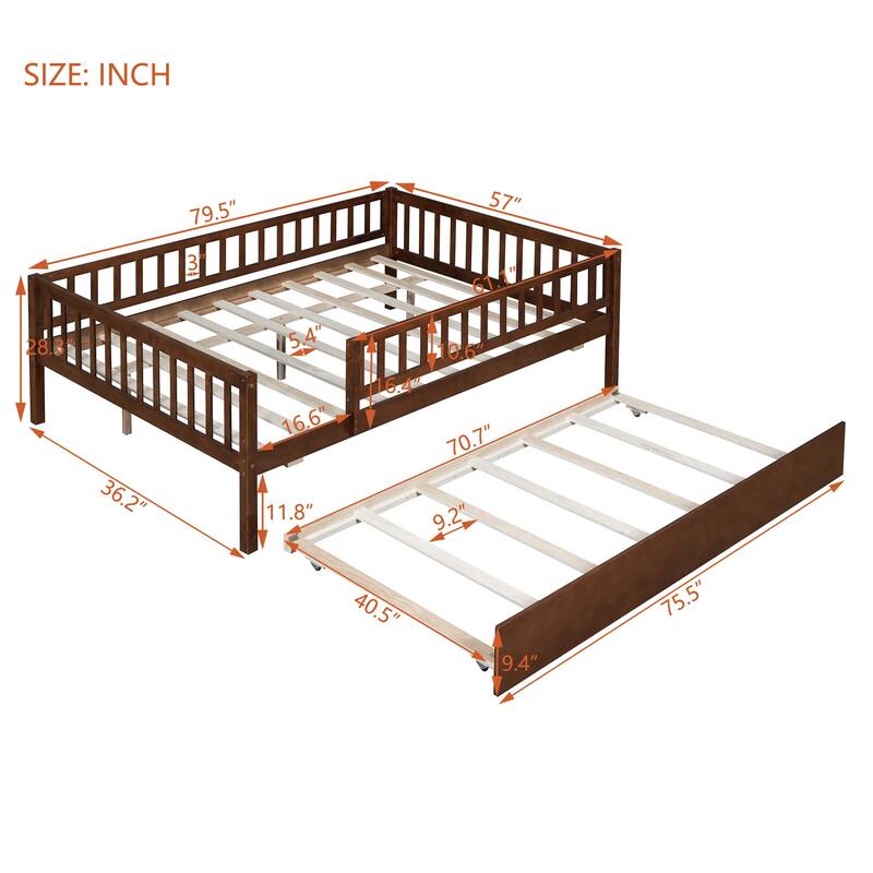 Full Size Wood Daybed with Trundle and Fence Guardrails in Walnut Finish
