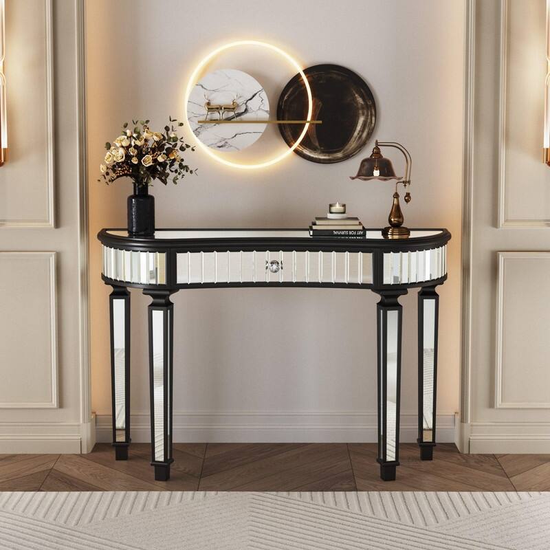 47" Half-Moon Mirrored Console Table with Fluted Glass and Storage Drawer for Stylish Entryway or Vanity - Black&Silver