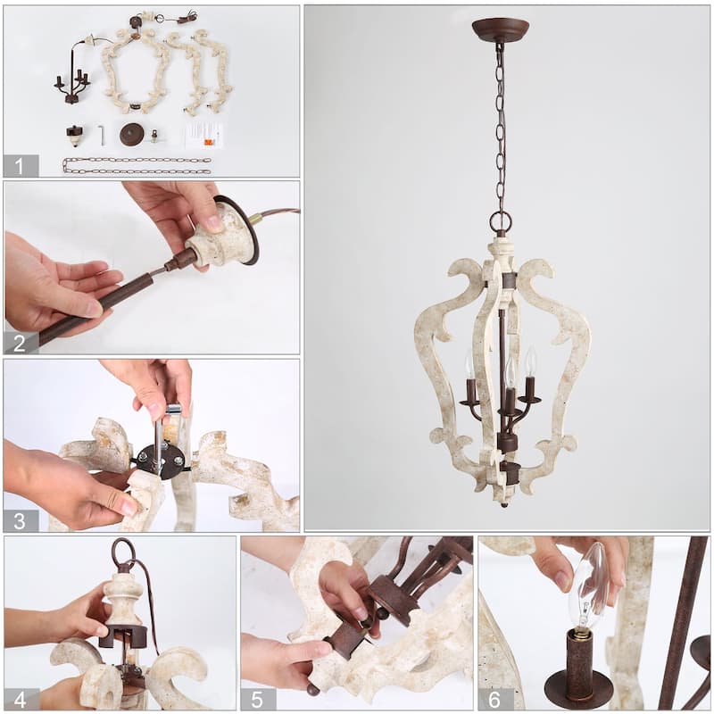 Modern Farmhouse 3-Light Wood Lantern Chandelier for Kitchen Island - W16.5" x H29"
