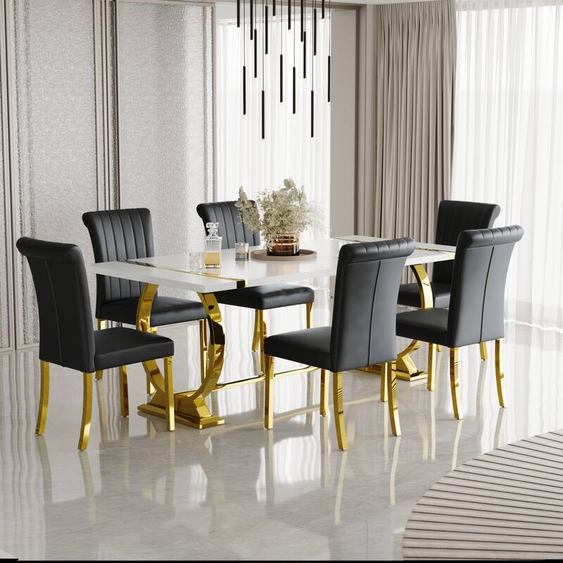 Luxury Dining Table Set with PU Leather Dining Chairs - Black and Gold - Table with 6 Chairs